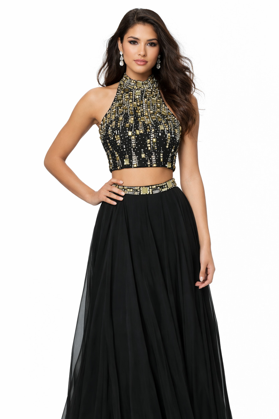 Black Two-Piece Halter Evening Dress with Gold Embellishment